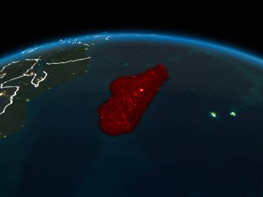 Madagaskar uzay yörüngeye görünümünü görünür ülke sınırları ve şehir ışıkları ile gece Planet Earth Kırmızı vurgulanır. 3D çizim. Nasa tarafından döşenmiş bu görüntü unsurları.