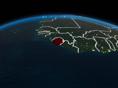 Sierra Leone görünür ülke sınırları ve şehir ışıkları ile gece red Planet Earth vurgulanmış alanı yörünge görünümü. 3D çizim. Nasa tarafından döşenmiş bu görüntü unsurları.