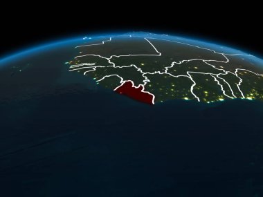 Liberya uzay yörüngeye görünümünü görünür ülke sınırları ve şehir ışıkları ile gece Planet Earth Kırmızı vurgulanır. 3D çizim. Nasa tarafından döşenmiş bu görüntü unsurları.