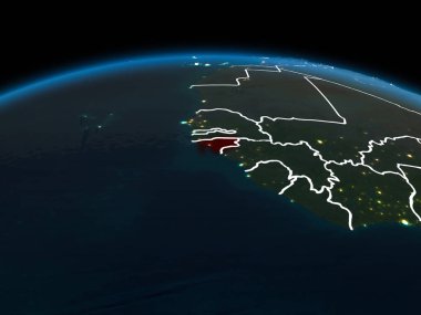 Gine-Bissau uzay yörüngeye görünümünü görünür ülke sınırları ve şehir ışıkları ile gece Planet Earth Kırmızı vurgulanır. 3D çizim. Nasa tarafından döşenmiş bu görüntü unsurları.