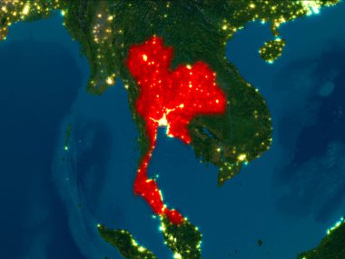Uydu gece görünümü Tayland red Planet Earth vurgulanmış. 3D çizim. Nasa tarafından döşenmiş bu görüntü unsurları.