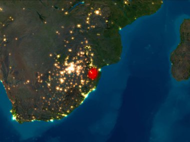 Uydu gece görünümü Svaziland Planet Earth kırmızı vurgulanır. 3D çizim. Nasa tarafından döşenmiş bu görüntü unsurları.