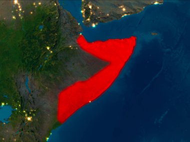 Uydu gece görünümü Somali Planet Earth kırmızı vurgulanır. 3D çizim. Nasa tarafından döşenmiş bu görüntü unsurları.