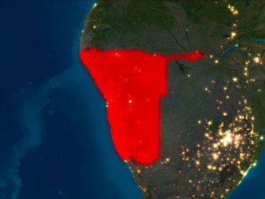 Uydu gece görünümü Namibya Planet Earth kırmızı vurgulanır. 3D çizim. Nasa tarafından döşenmiş bu görüntü unsurları.
