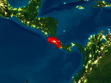 Uydu gece görünümü Kosta Rika Planet Earth kırmızı vurgulanır. 3D çizim. Nasa tarafından döşenmiş bu görüntü unsurları.