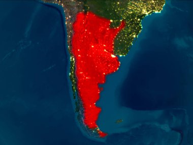 Uydu gece görünümü Arjantin Planet Earth kırmızı vurgulanır. 3D çizim. Nasa tarafından döşenmiş bu görüntü unsurları.