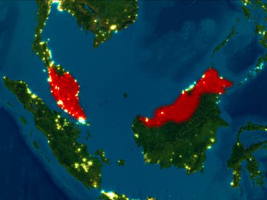 Uydu gece görünümü Malezya red Planet Earth vurgulanmış. 3D çizim. Nasa tarafından döşenmiş bu görüntü unsurları.