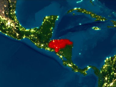 Uydu gece görünümü Honduras Planet Earth kırmızı vurgulanır. 3D çizim. Nasa tarafından döşenmiş bu görüntü unsurları.