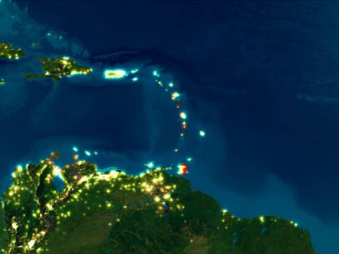Uydu gece görünümü Karayipler Planet Earth kırmızı vurgulanır. 3D çizim. Nasa tarafından döşenmiş bu görüntü unsurları.