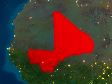 Uydu gece görünümü Mali Planet Earth kırmızı vurgulanır. 3D çizim. Nasa tarafından döşenmiş bu görüntü unsurları.