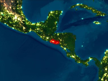 Uydu gece görünümü El Salvador Planet Earth kırmızı vurgulanır. 3D çizim. Nasa tarafından döşenmiş bu görüntü unsurları.