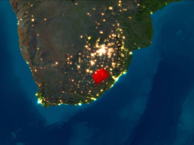 Lesotho uydu gece görünümü Planet Earth kırmızı vurgulanır. 3D çizim. Nasa tarafından döşenmiş bu görüntü unsurları.