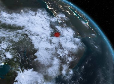 Gece yukarıda Cibuti modeli gezegeninin uzaydaki bir kırmızı vurgulanır. 3D çizim. Nasa tarafından döşenmiş bu görüntü unsurları.