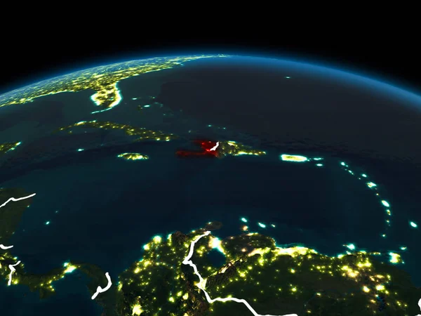 Miejsca Widoku Orbita Haiti Podświetlone Czerwono Planecie Ziemi Nocy Granic — Zdjęcie stockowe