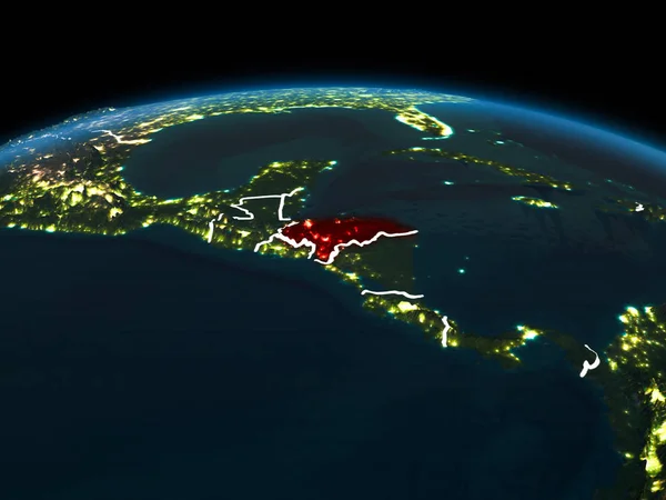 Space orbit view of Honduras highlighted in red on planet Earth at night with visible country borders and city lights. 3D illustration. Elements of this image furnished by NASA.