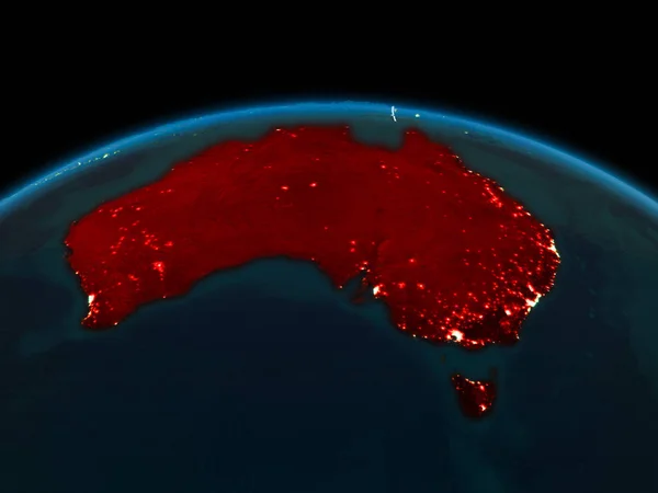 Vue Orbite Spatiale Australie Surlignée Rouge Sur Planète Terre Nuit — Photo