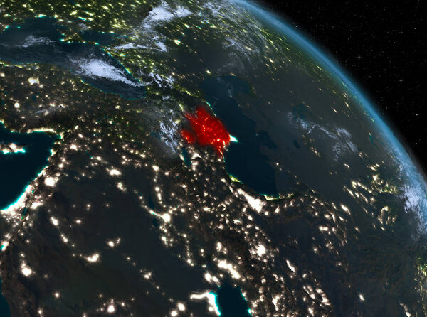 Night above Azerbaijan highlighted in red on model of planet Earth in space. 3D illustration. Elements of this image furnished by NASA.