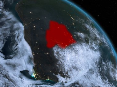 Gece modeli gezegeninin uzaydaki bir kırmızı vurgulanır Botsvana yukarıda. 3D çizim. Nasa tarafından döşenmiş bu görüntü unsurları.