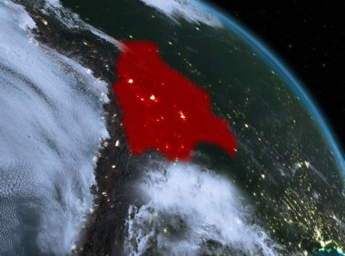 Gece yukarıda Bolivya modeli gezegeninin uzaydaki bir kırmızı vurgulanır. 3D çizim. Nasa tarafından döşenmiş bu görüntü unsurları.