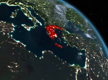 Gece yukarıda Yunanistan modeli gezegeninin uzaydaki bir Kırmızı vurgulanır. 3D çizim. Nasa tarafından döşenmiş bu görüntü unsurları.