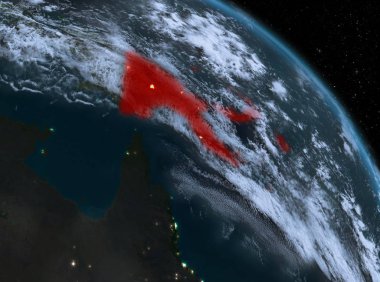 Gece yukarıda Papua Yeni Gine modeli gezegeninin uzaydaki bir kırmızı vurgulanır. 3D çizim. Nasa tarafından döşenmiş bu görüntü unsurları.