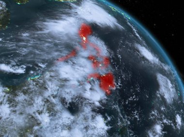 Gece yukarıda Türkiye modeli gezegeninin uzaydaki bir kırmızı vurgulanır. 3D çizim. Nasa tarafından döşenmiş bu görüntü unsurları.
