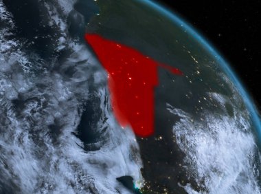 Gece yukarıda Namibya modeli gezegeninin uzaydaki bir kırmızı vurgulanır. 3D çizim. Nasa tarafından döşenmiş bu görüntü unsurları.