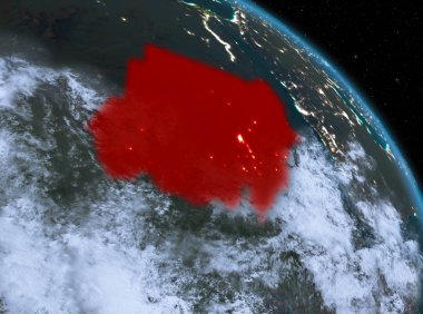 Gece yukarıda Sudan modeli gezegeninin uzaydaki bir kırmızı vurgulanır. 3D çizim. Nasa tarafından döşenmiş bu görüntü unsurları.