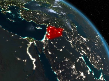 Gece modeli gezegeninin uzaydaki bir kırmızı vurgulanır Suriye yukarıda. 3D çizim. Nasa tarafından döşenmiş bu görüntü unsurları.