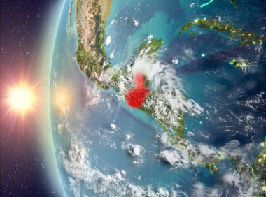 Gezegeni uzaydan günbatımı sırasında görülen Guatemala. 3D çizim. Nasa tarafından döşenmiş bu görüntü unsurları.