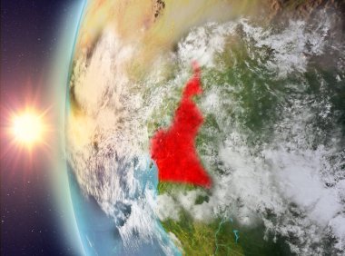Gezegeni uzaydan günbatımı sırasında görülen Kamerun. 3D çizim. Nasa tarafından döşenmiş bu görüntü unsurları.