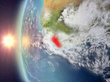 Gezegeni uzaydan günbatımı sırasında görülen Liberya. 3D çizim. Nasa tarafından döşenmiş bu görüntü unsurları.