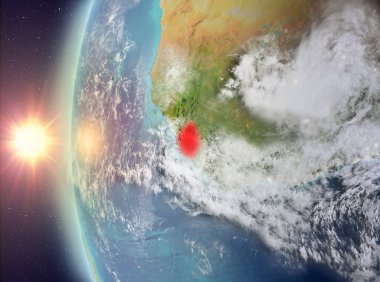 Sierra Leone gezegeni uzaydan günbatımı sırasında görüldü. 3D çizim. Nasa tarafından döşenmiş bu görüntü unsurları.