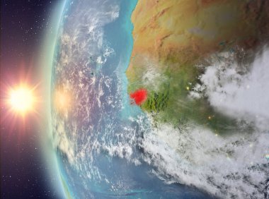 Gezegeni uzaydan günbatımı sırasında görülen Gine Bissau. 3D çizim. Nasa tarafından döşenmiş bu görüntü unsurları.
