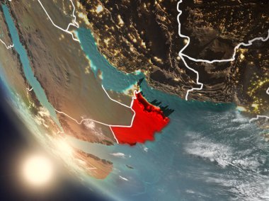 Dünya yörüngesi görünür ülke sınırları ile günbatımı sırasında görülen Umman Illustration. 3D çizim. Nasa tarafından döşenmiş bu görüntü unsurları.