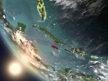 Dünya yörüngesi görünür ülke sınırları ile günbatımı sırasında görülen Jamaika Illustration. 3D çizim. Nasa tarafından döşenmiş bu görüntü unsurları.
