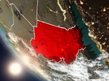 Dünya yörüngesi görünür ülke sınırları ile günbatımı sırasında görülen Sudan Illustration. 3D çizim. Nasa tarafından döşenmiş bu görüntü unsurları.
