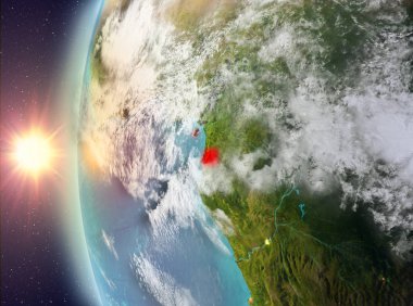 Ekvator Ginesi gezegeni uzaydan günbatımı sırasında görüldü. 3D çizim. Nasa tarafından döşenmiş bu görüntü unsurları.