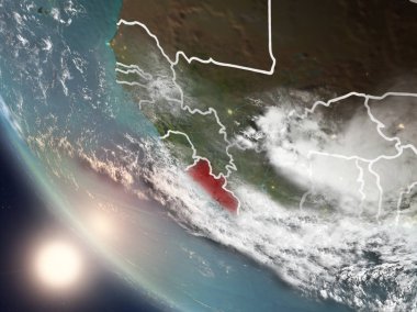 Dünya yörüngesi görünür ülke sınırları ile günbatımı sırasında görülen Liberya Illustration. 3D çizim. Nasa tarafından döşenmiş bu görüntü unsurları.