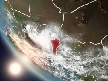 Dünya yörüngesi görünür ülke sınırları ile günbatımı sırasında görülen Benin Illustration. 3D çizim. Nasa tarafından döşenmiş bu görüntü unsurları.