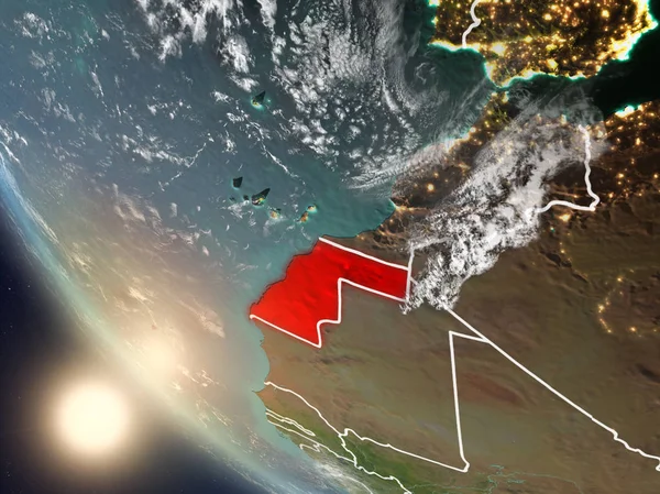 Illustration of Western Sahara as seen from Earth orbit during sunset with visible country borders. 3D illustration. Elements of this image furnished by NASA.
