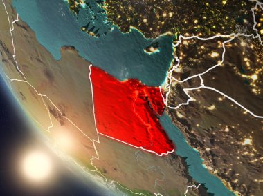 Dünya yörüngesi görünür ülke sınırları ile günbatımı sırasında görülen Mısır Illustration. 3D çizim. Nasa tarafından döşenmiş bu görüntü unsurları.