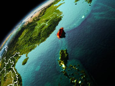 Dünya yörüngesi görünür kenarlık çizgisi ve şehir ışıkları ile akşam geç görüldüğü gibi Tayvan Illustration. 3D çizim. Nasa tarafından döşenmiş bu görüntü unsurları.
