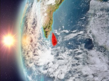 Sri Lanka gezegeni uzaydan günbatımı sırasında görüldü. 3D çizim. Nasa tarafından döşenmiş bu görüntü unsurları.