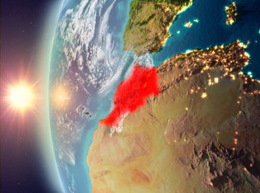 Gezegeni uzaydan günbatımı sırasında görülen Fas. 3D çizim. Nasa tarafından döşenmiş bu görüntü unsurları.