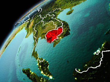 Dünya yörüngesi görünür kenarlık çizgisi ve şehir ışıkları ile akşam geç görülen Kamboçya Illustration. 3D çizim. Nasa tarafından döşenmiş bu görüntü unsurları.