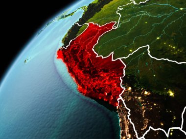 Dünya yörüngesi görünür kenarlık çizgisi ve şehir ışıkları ile akşam geç görülen Peru Illustration. 3D çizim. Nasa tarafından döşenmiş bu görüntü unsurları.