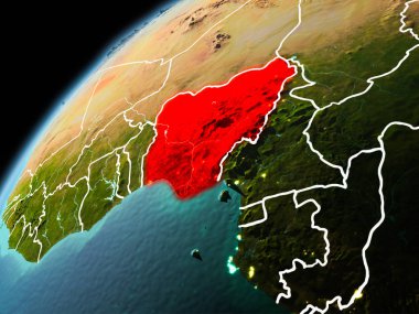 Dünya yörüngesi görünür kenarlık çizgisi ve şehir ışıkları ile akşam geç görüldüğü gibi Nijerya Illustration. 3D çizim. Nasa tarafından döşenmiş bu görüntü unsurları.