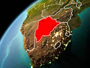 Dünya yörüngesi görünür kenarlık çizgisi ve şehir ışıkları ile akşam geç görülen Botsvana Illustration. 3D çizim. Nasa tarafından döşenmiş bu görüntü unsurları.