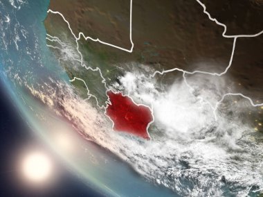 Dünya yörüngesi görünür ülke sınırları ile günbatımı sırasında görülen Fildişi Illustration. 3D çizim. Nasa tarafından döşenmiş bu görüntü unsurları.